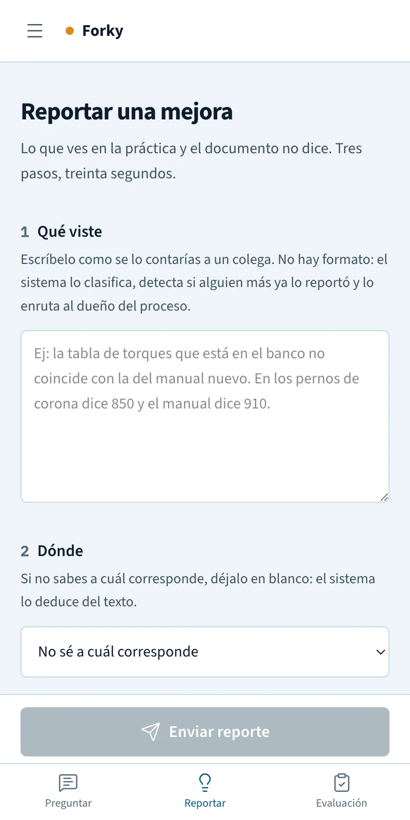 Formulario móvil para reportar una mejora desde el terreno